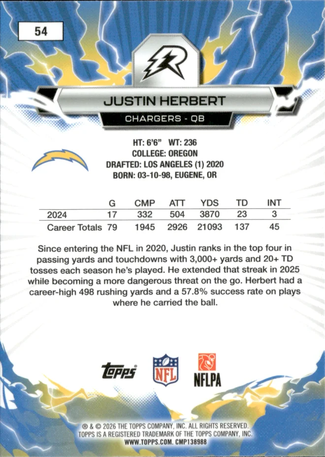 Justin Herbert card back