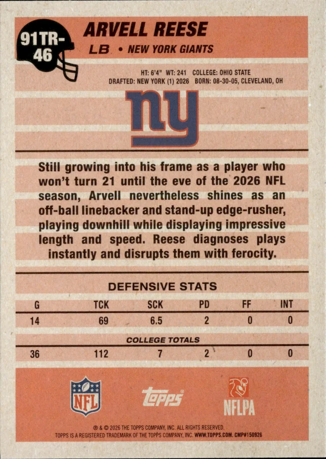 Arvell Reese card back