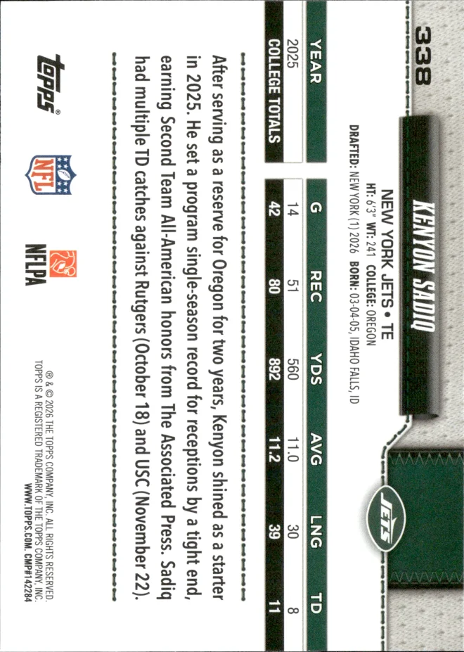 Kenyon Sadiq card back