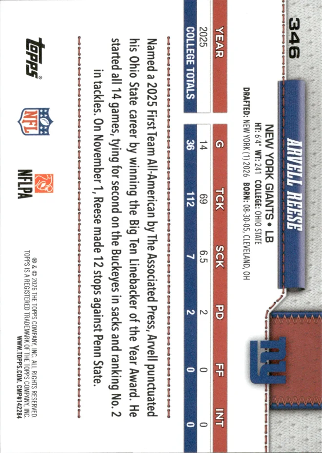 Arvell Reese card back