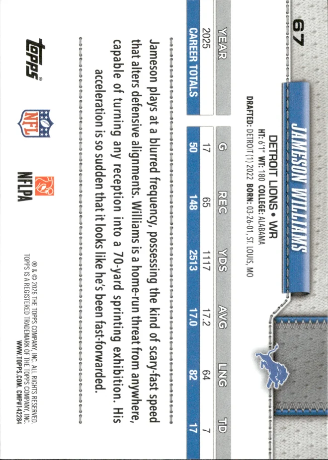 Jameson Williams card back