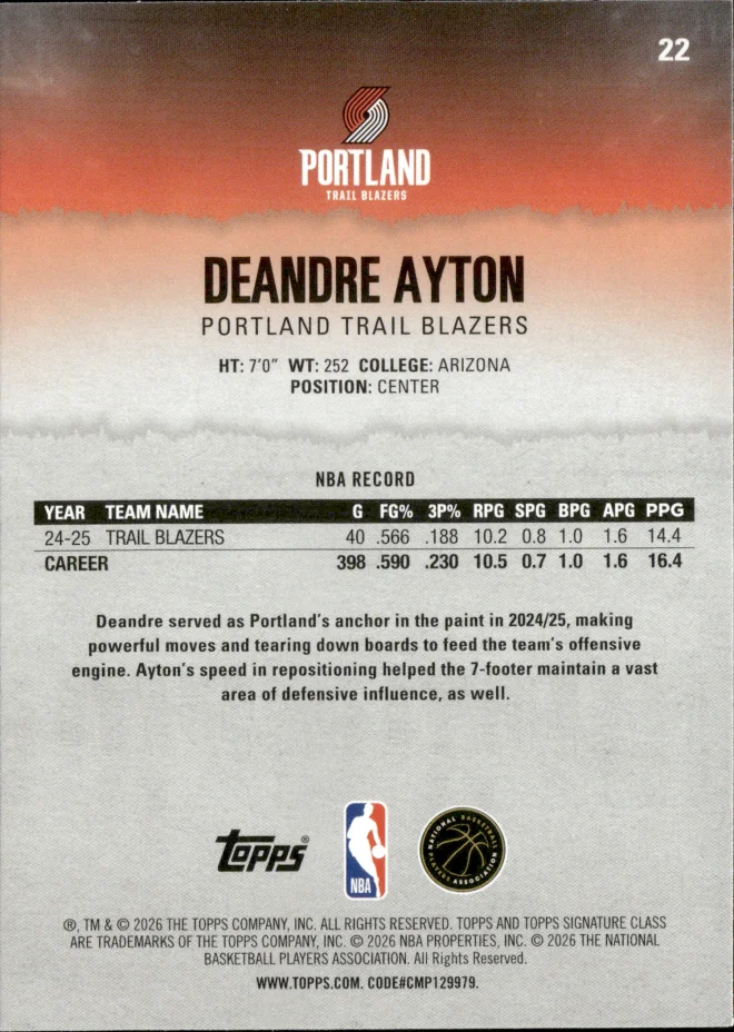 Deandre Ayton card back