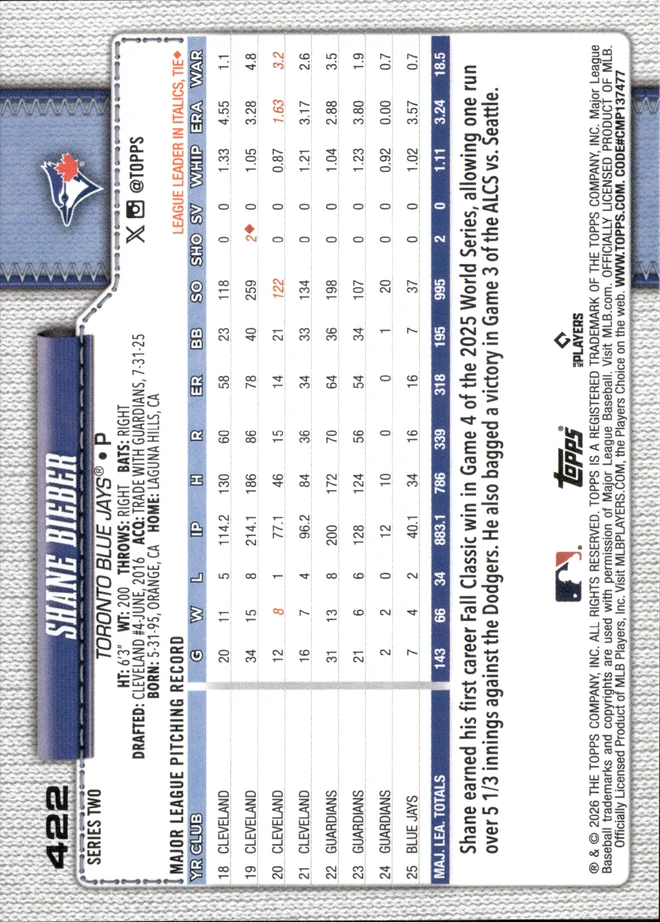 Shane Bieber card back