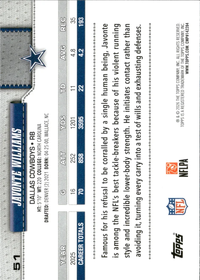 Javonte Williams card back