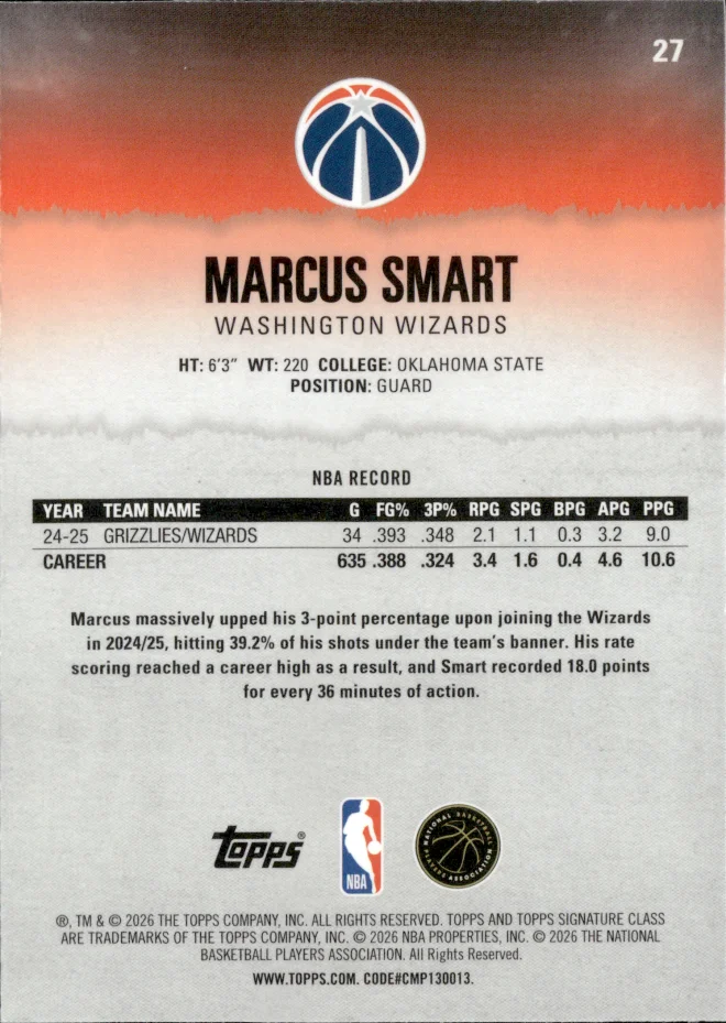 Marcus Smart card back