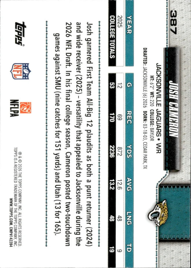 Josh Cameron card back