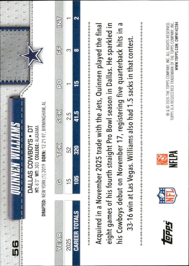 Quinnen Williams card back