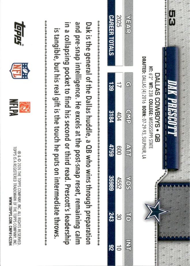 Dak Prescott card back