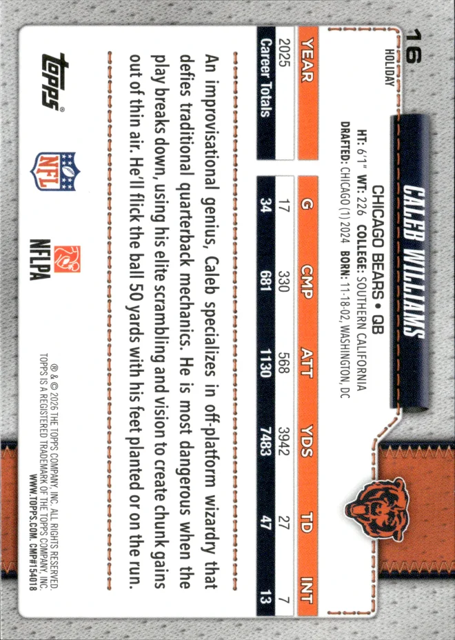 Caleb Williams card back