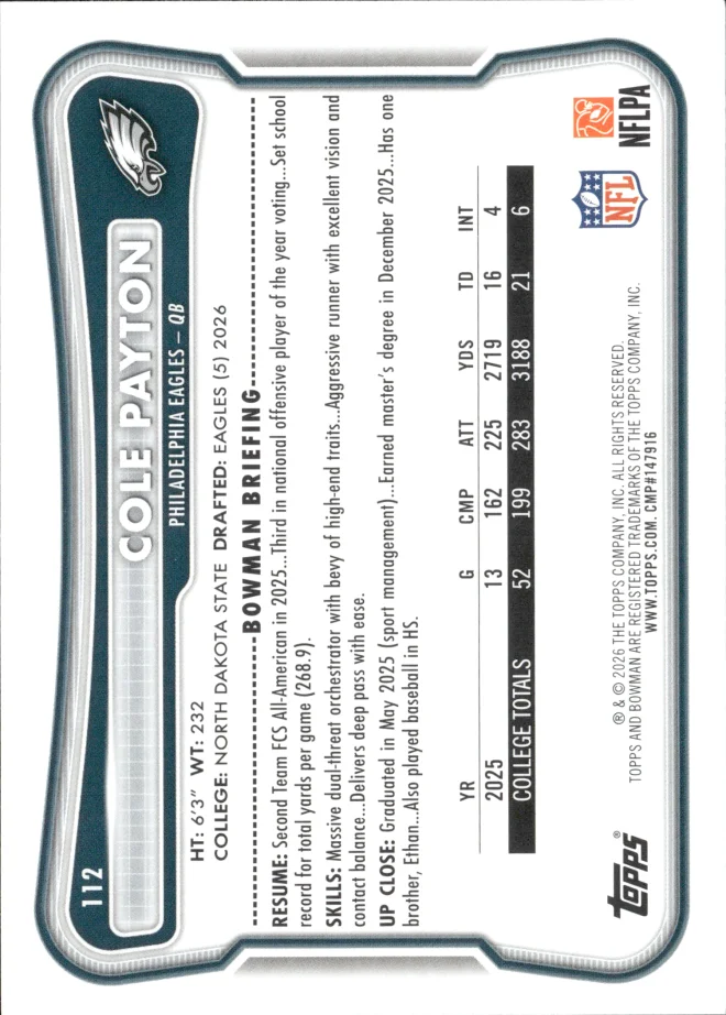 Cole Payton card back