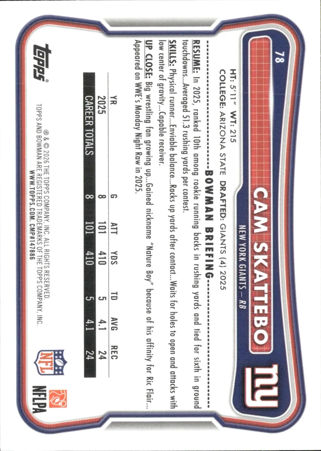 Cam Skattebo card back