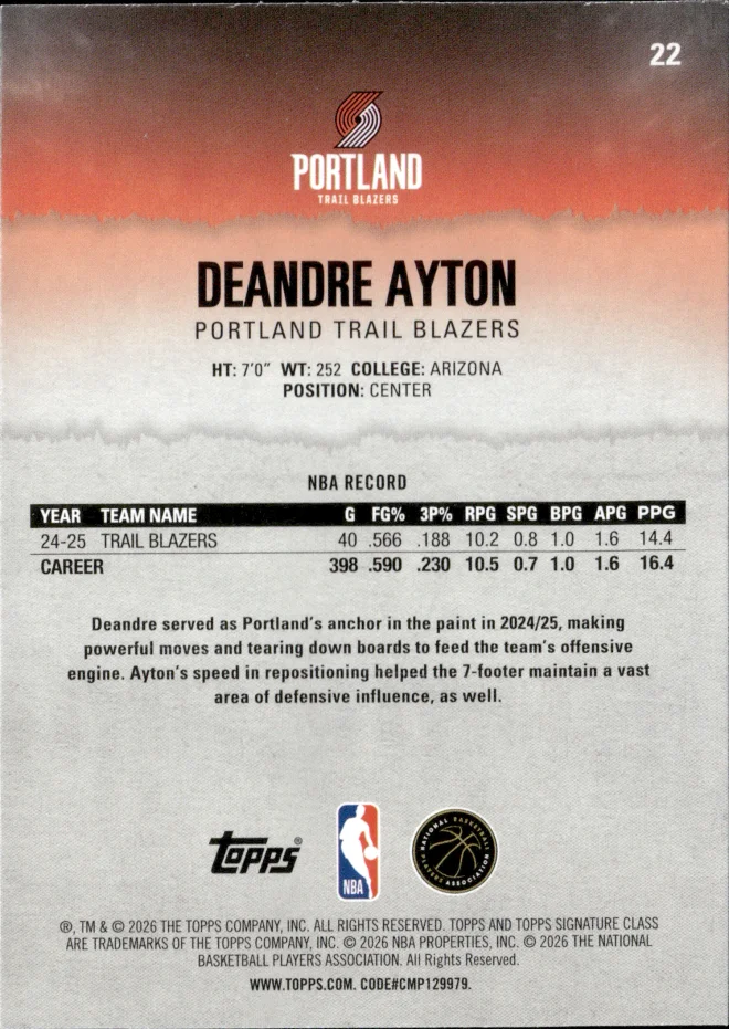 Deandre Ayton card back