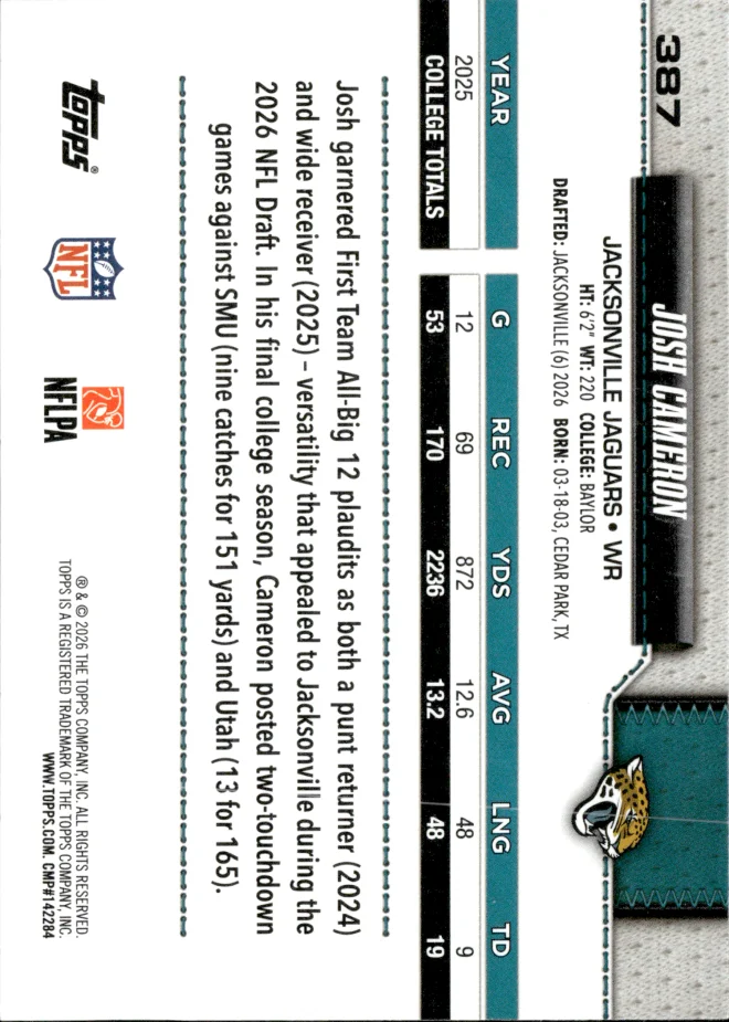 Josh Cameron card back