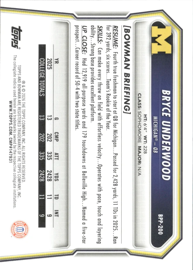 Bryce Underwood card back
