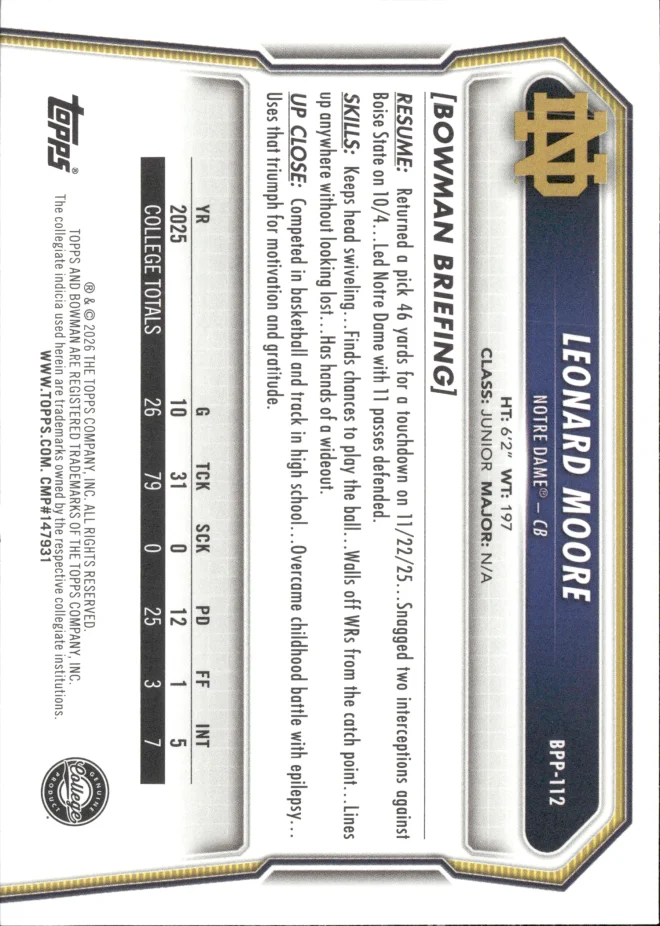 Leonard Moore card back