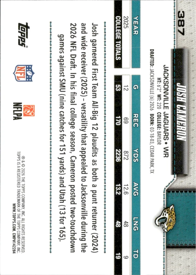 Josh Cameron card back