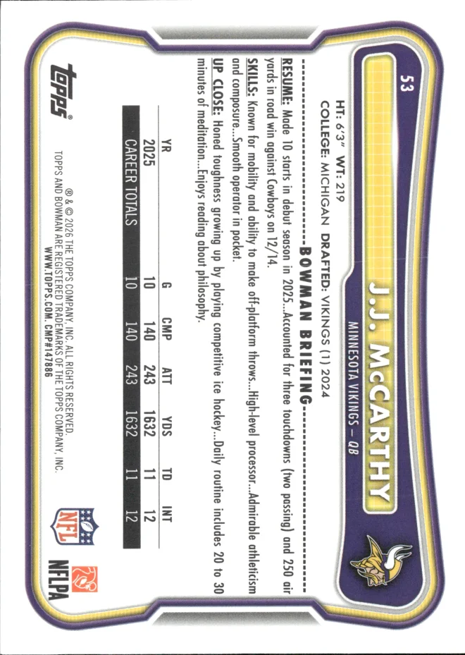 J.J. McCarthy card back