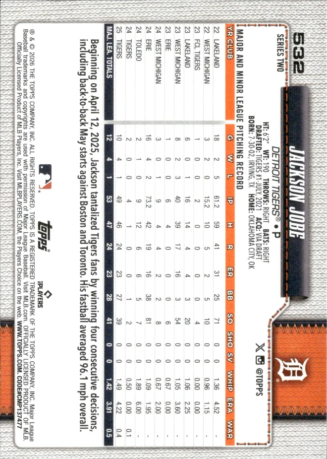 Jackson Jobe card back