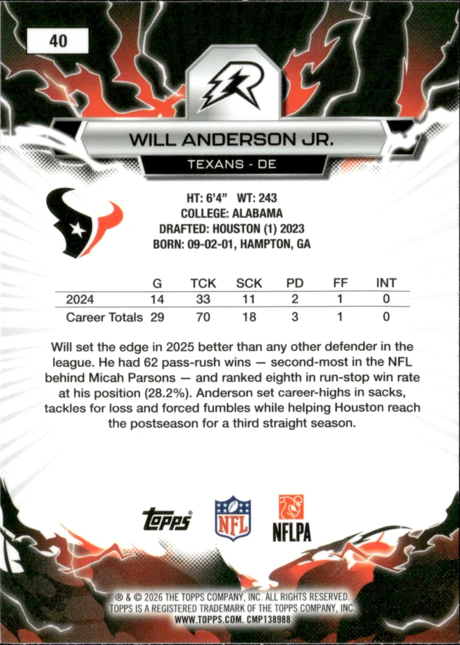 Will Anderson Jr. card back