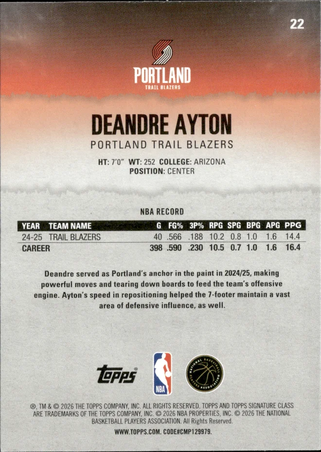 Deandre Ayton card back