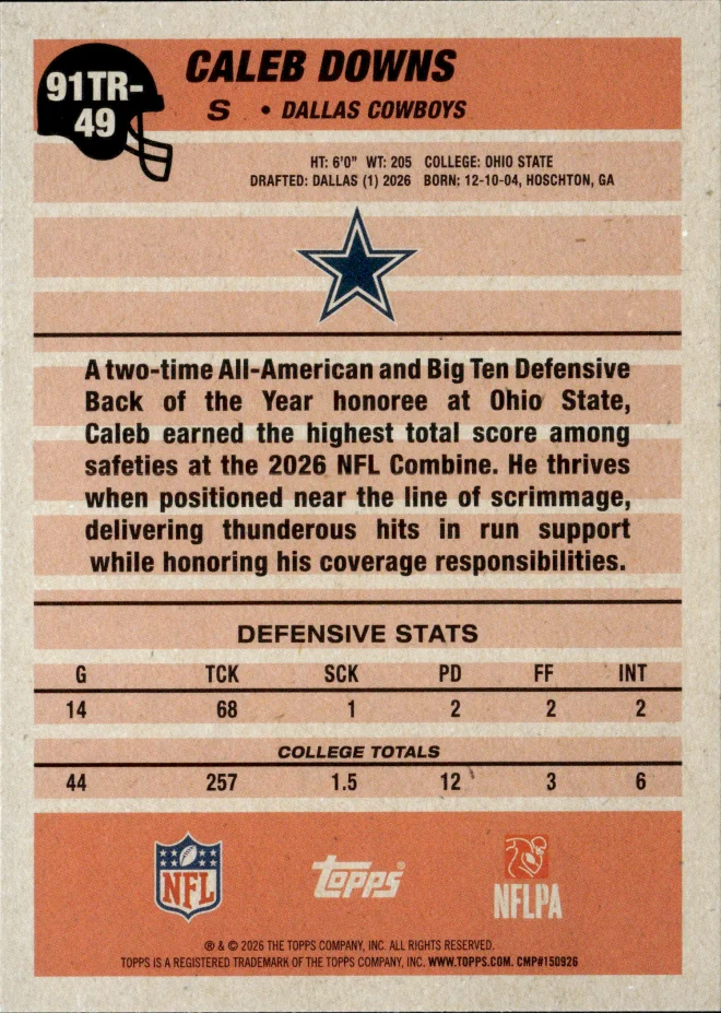 Caleb Downs card back