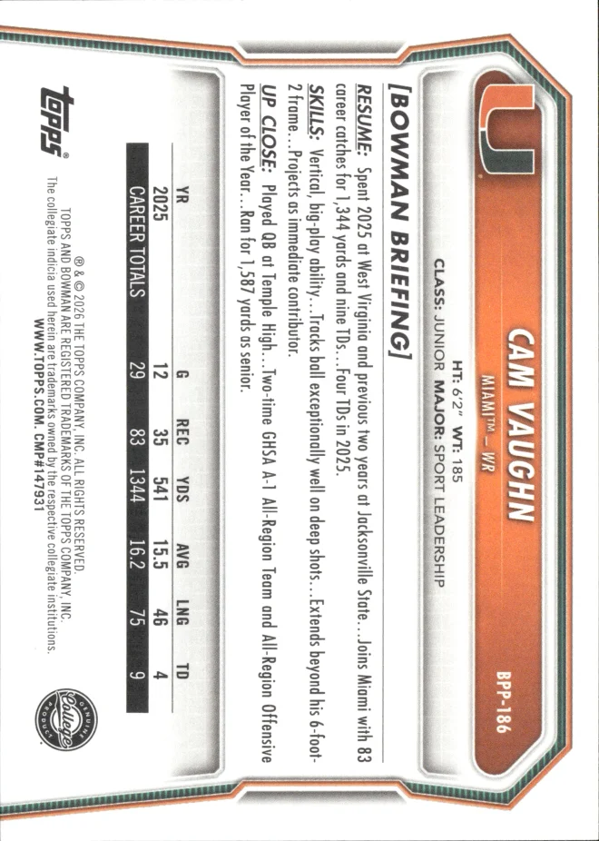 Cam Vaughn card back