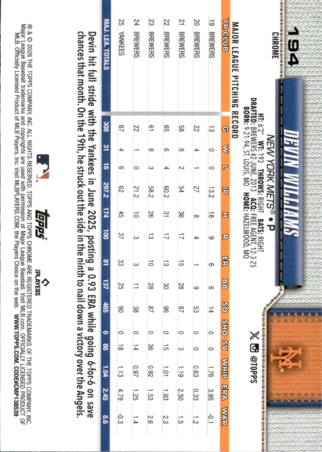 Devin Williams card back
