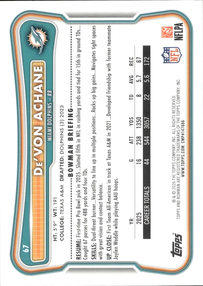 De'Von Achane card back