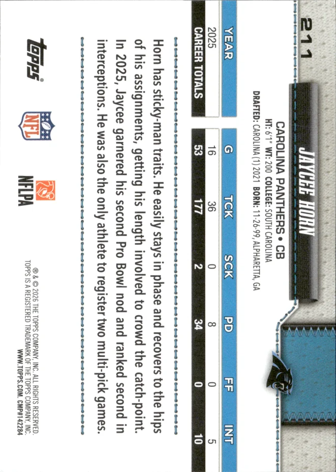 Jaycee Horn card back