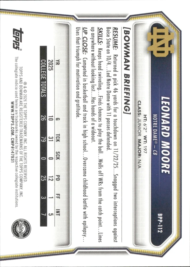 Leonard Moore card back
