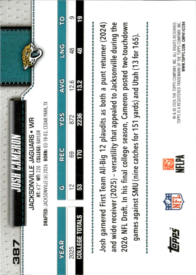 Josh Cameron card back