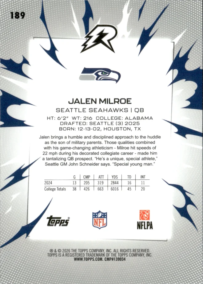 Jalen Milroe card back
