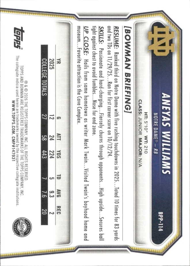 Aneyas Williams card back