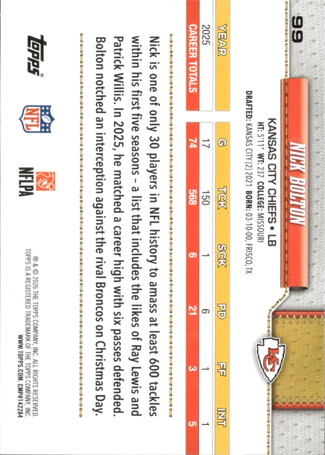 Nick Bolton card back