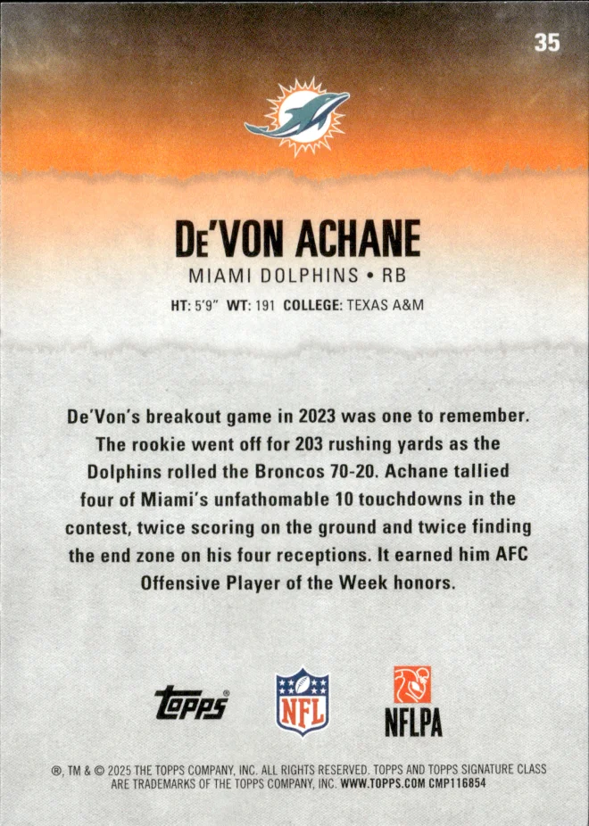De'Von Achane card back