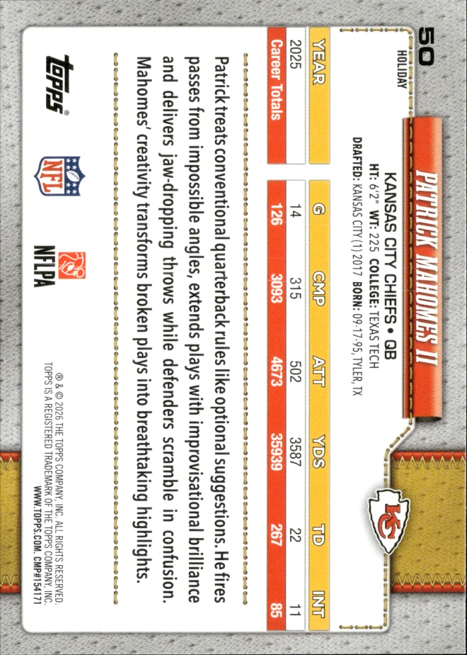Patrick Mahomes II card back
