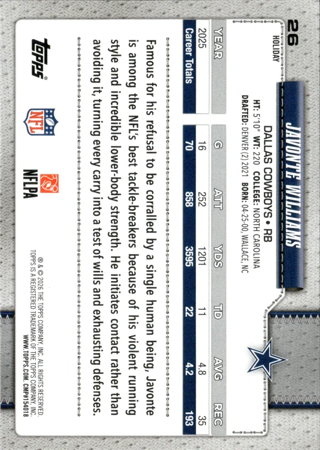 Javonte Williams card back