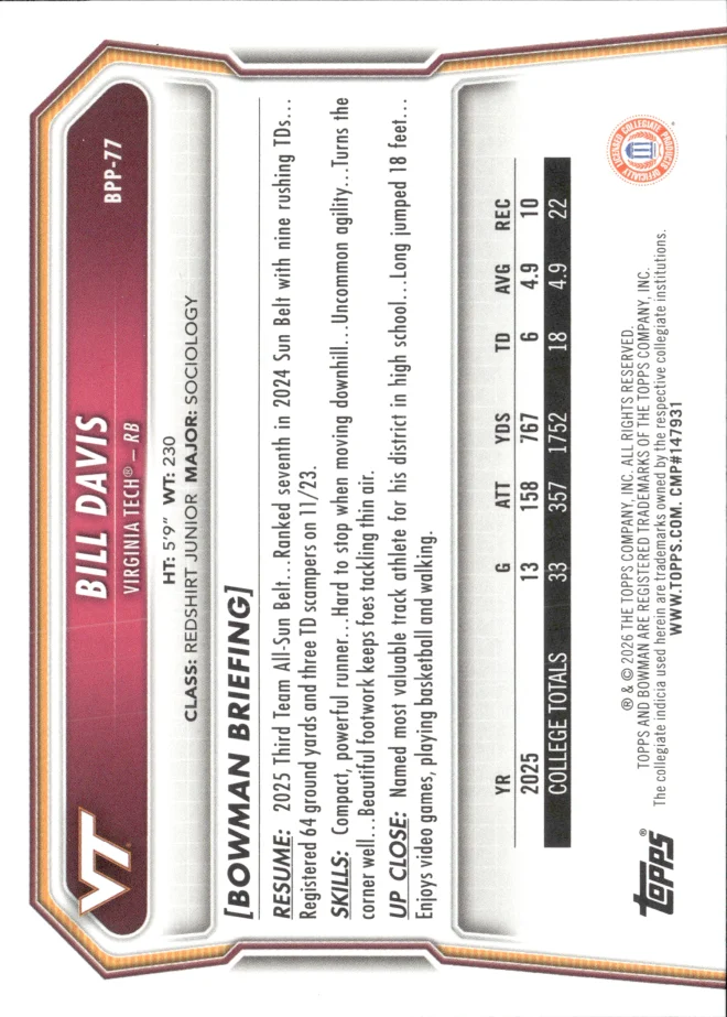 Bill Davis card back
