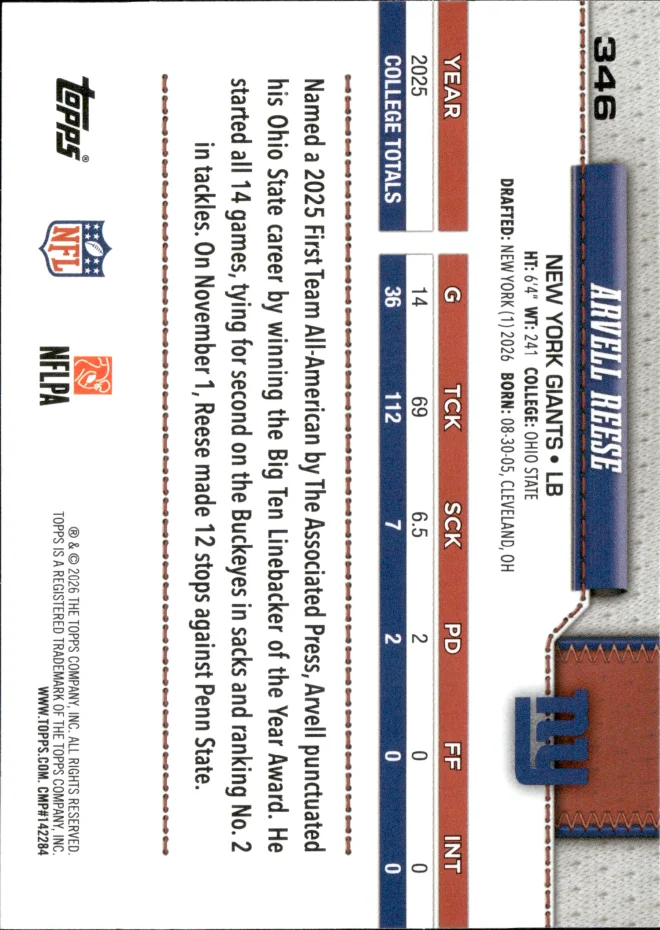 Arvell Reese card back