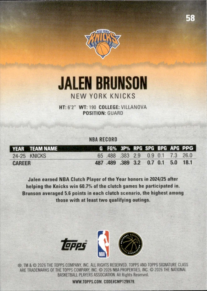 Jalen Brunson card back