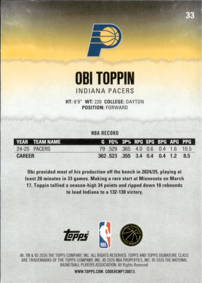 Obi Toppin card back