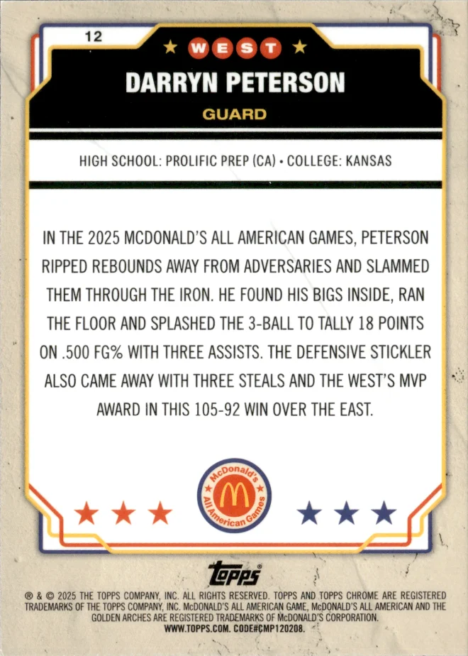 Darryn Peterson card back