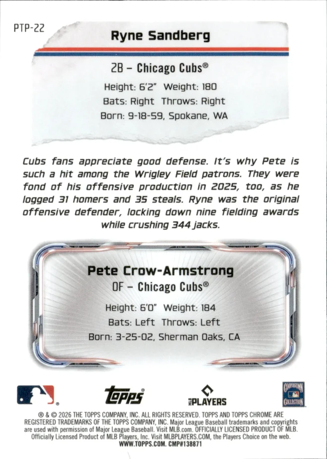 Ryne Sandberg / Pete Crow-Armstrong card back