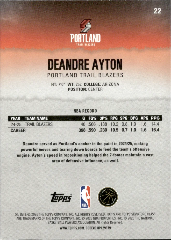 Deandre Ayton card back