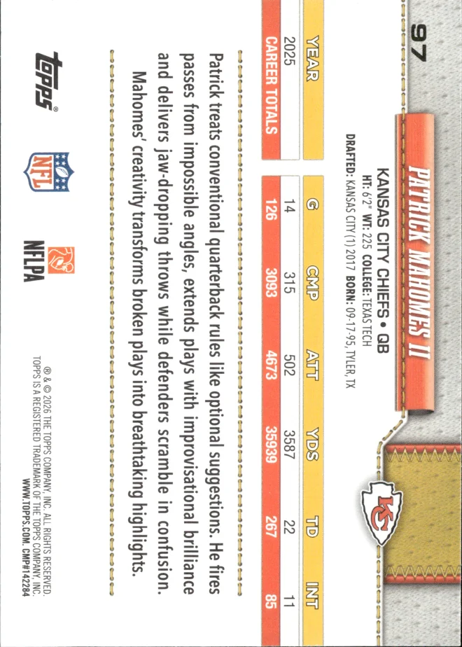 Patrick Mahomes II card back