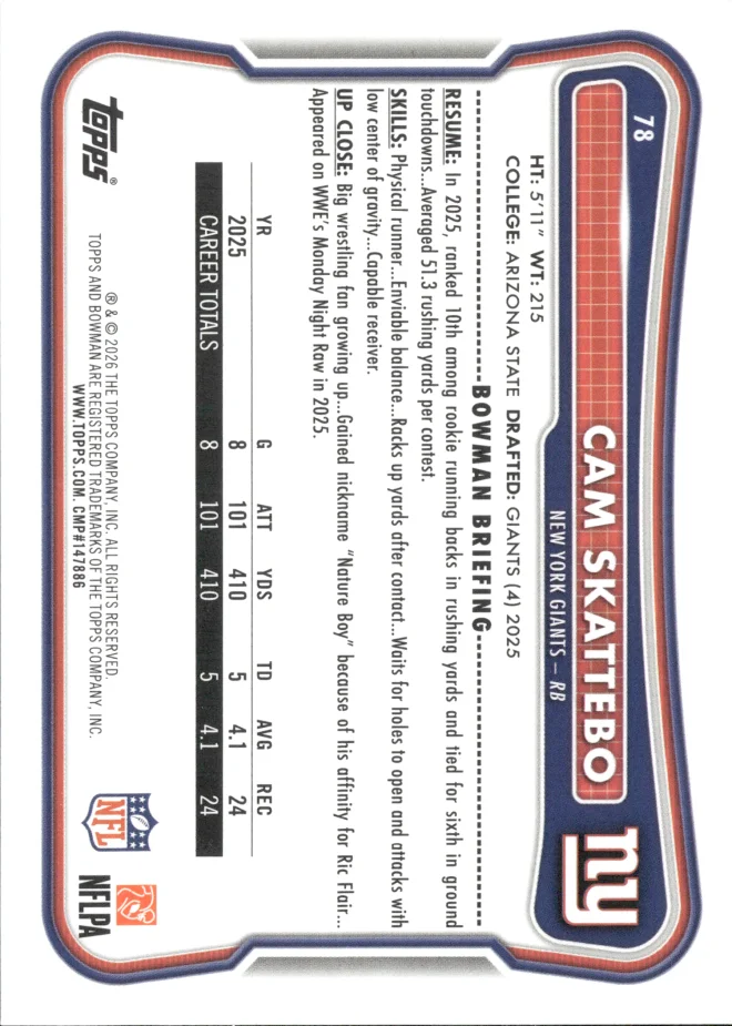 Cam Skattebo card back