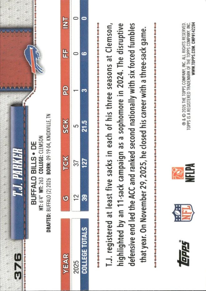T.J. Parker card back