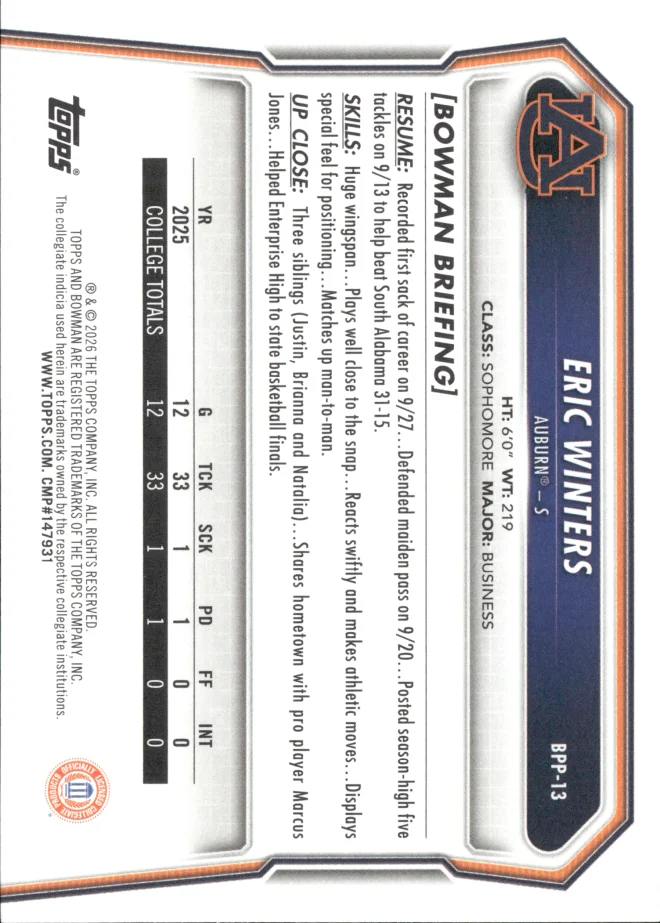 Eric Winters card back