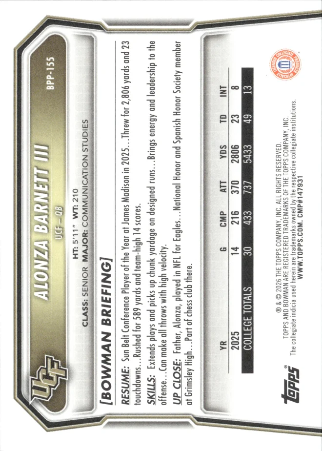 Alonza Barnett III card back