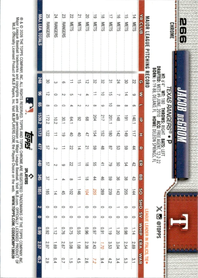 Jacob deGrom card back